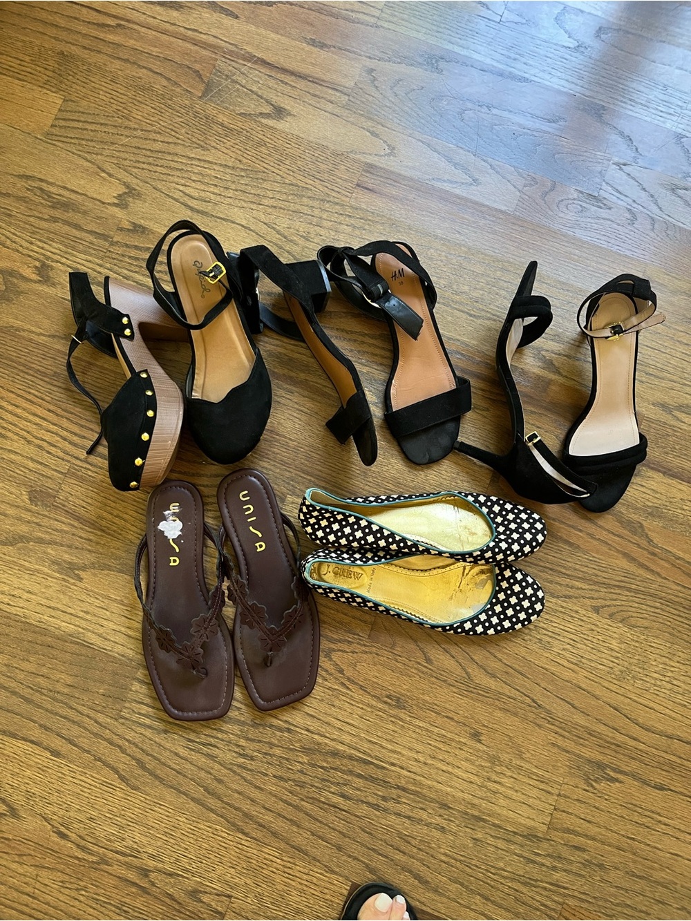 Lot of 5  Black Suede Ankle Strap Flats with Gold Stud Detail - Sz 7.5